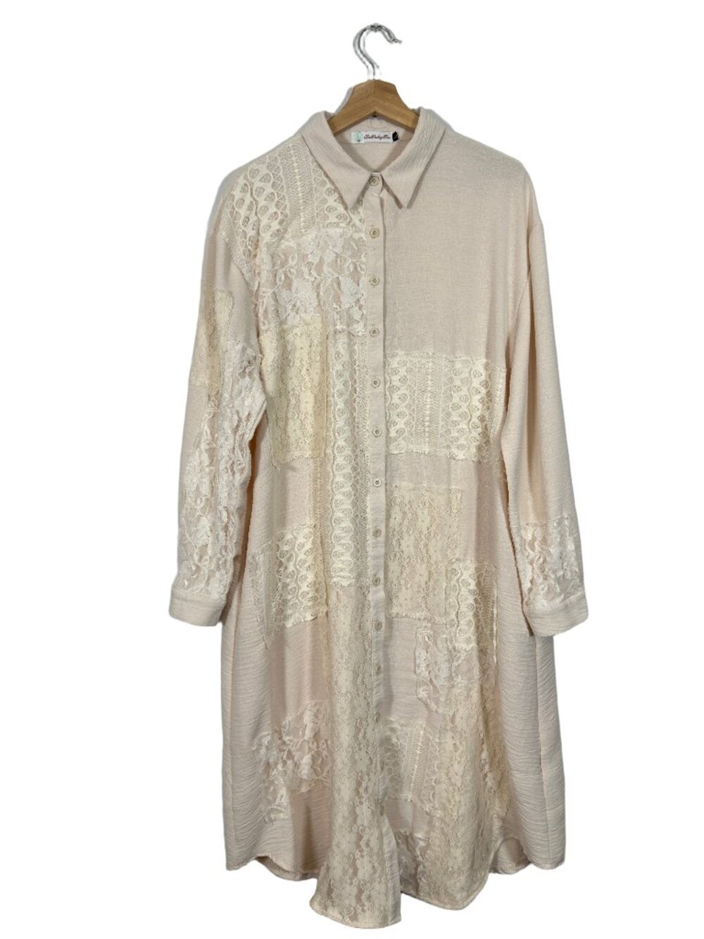 Boho Lace Patchwork Shirt Dress Large Cream Cottagecore Romantic Lagenlook Chic